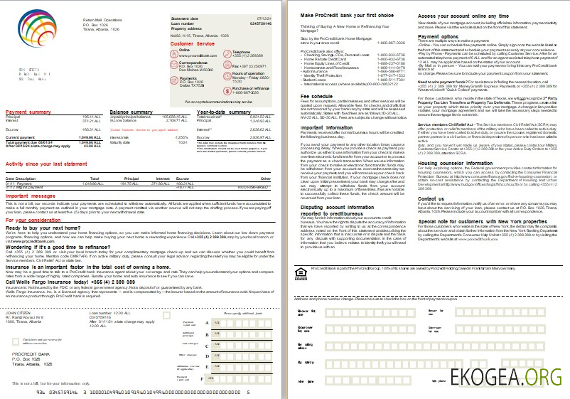 Relevé hypothécaire bancaire Albanie ProCredit, 2 pages 1, 2 scr